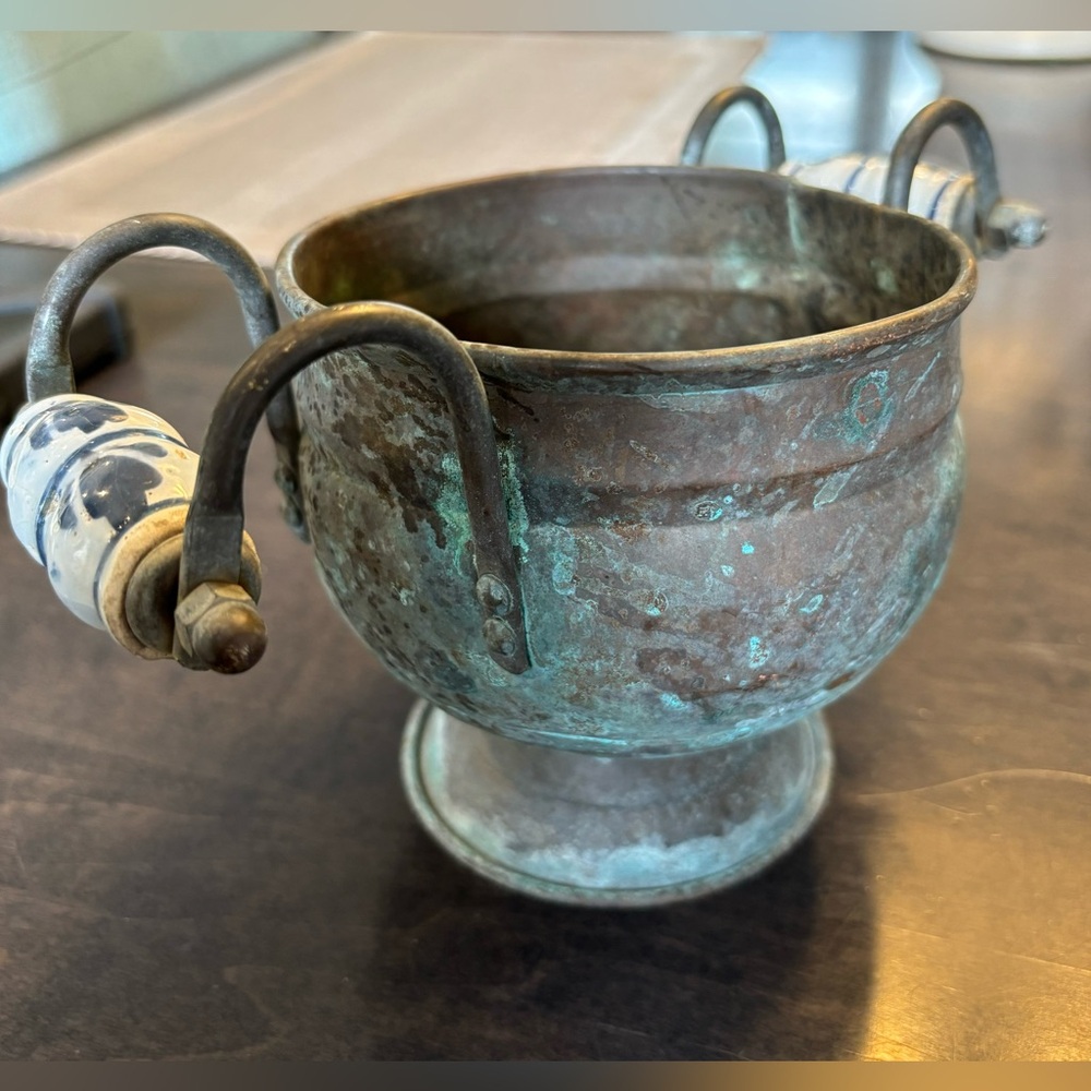 Vintage Copper & Brass Footed Pot Kettle Painted porcelain Handles